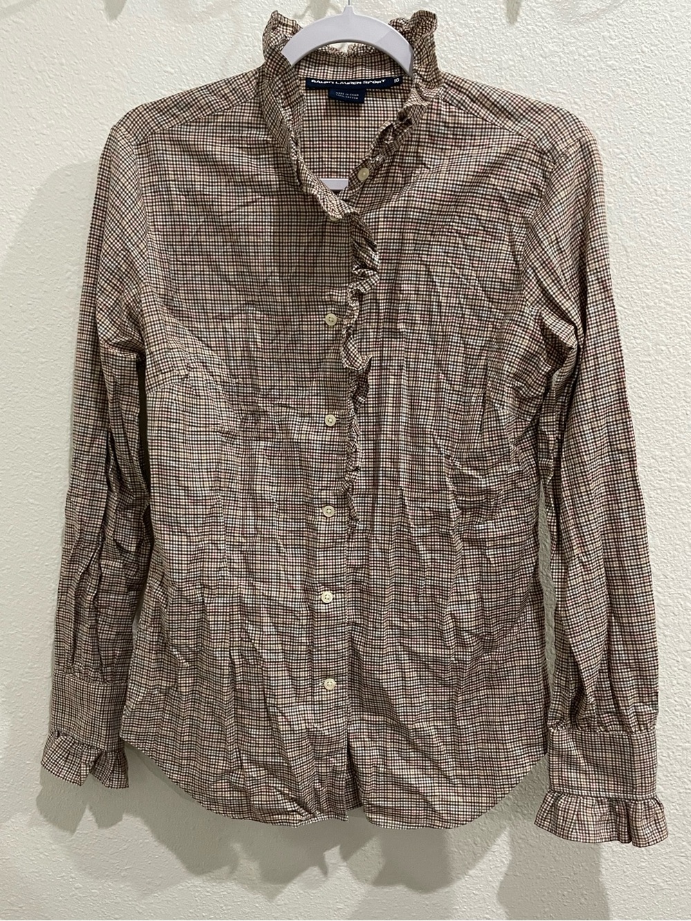 Ralph Lauren Plaid Ruffle Button Down Top Preppy Luxury Brown